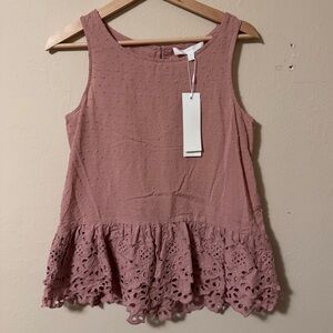 NWT Adyson Parker pink swiss dot with embroidered ruffle hem tank blouse Size XS
